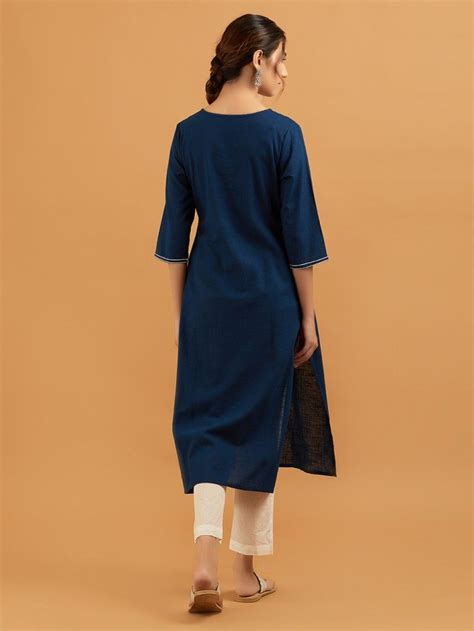 Buy Teal Blue Embroidered Cotton Kurta with Off White Pants - Set of 2 ...