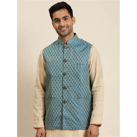 Buy SOJANYA Jacquard Silk Peacock Blue Self Design Only Nehru Jacket Online