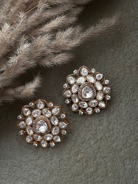 Raima Gold Finish Mossanite Polki Stud Earrings – AVSAJEWELS