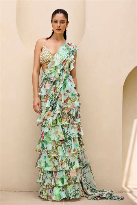 Ruffle Layered Slit Saree – Prints By Radhika