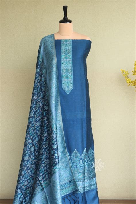 Blue Kashmiri Kani Silk Suit Dupatta Set | Silk Suit | Imperial Weaves
