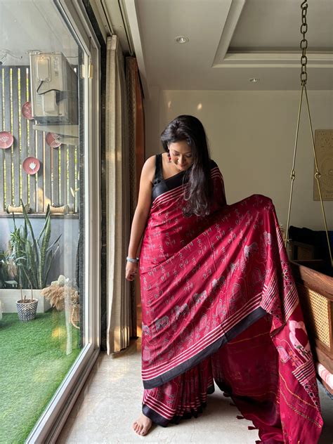 Embroidered Jharokha Cherry Modal Silk Ajrakh Saree – Taana Bana | The ...