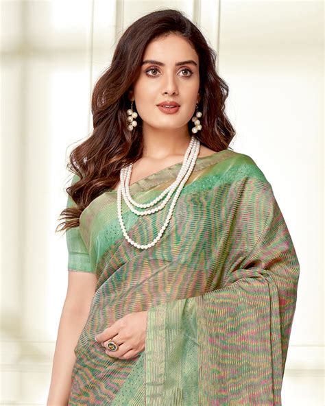 Vishal Prints Sea Green Ikkat Digital Print Saree With Diamond Work An