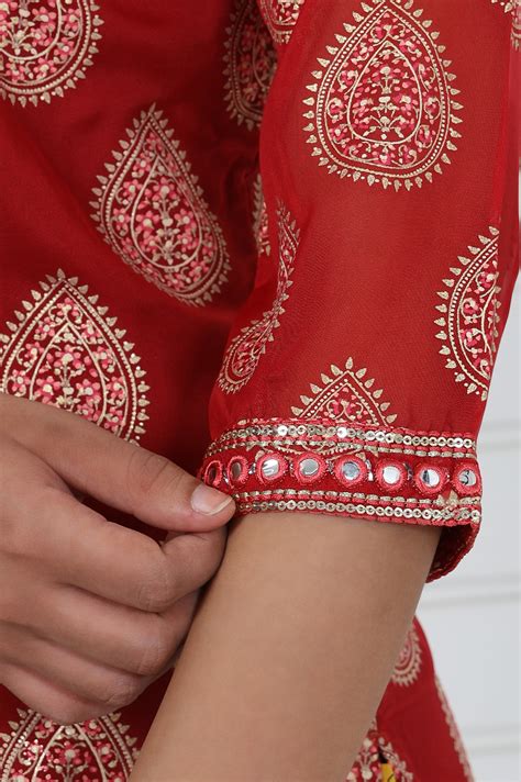 Buy Red Abstract Printed Mirror Work Organza Straight Kurta Online for ...