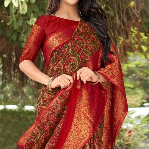 Green & Red Printed With Woven Border Pure Cotton Saree