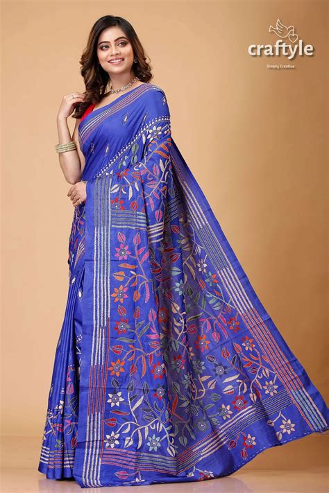Royal Blue Floral Theme Ethnic Silk Kantha Saree – Craftyle