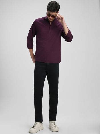 Men's Pop Over Mandarin Collar Slim Fit Solid Purple Casual Shirts ...
