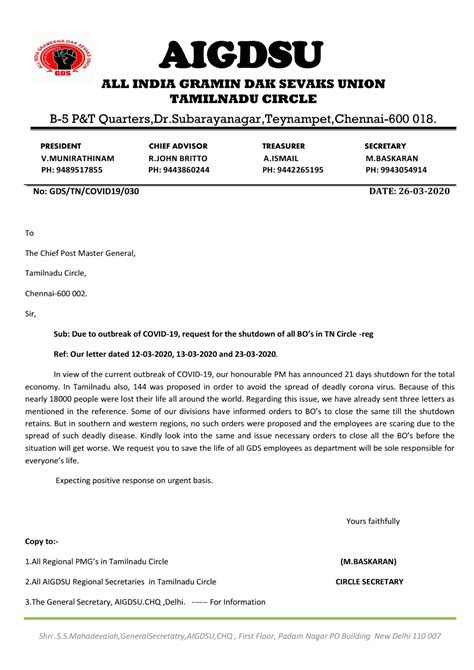 Due to outbreak of COVID-19, request for the shutdown of all BO’s in TN ...