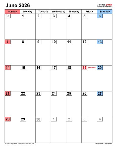 June 2026 Calendar | Templates for PDF, Excel and Word