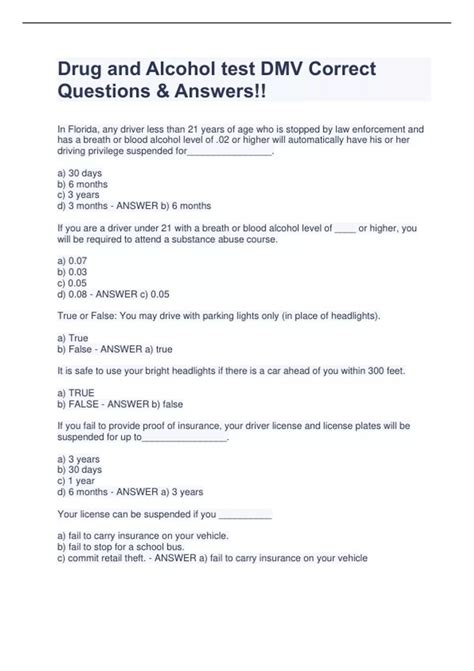 Drug and Alcohol test DMV Correct Questions & Answers!! - TLSAE - Stuvia US