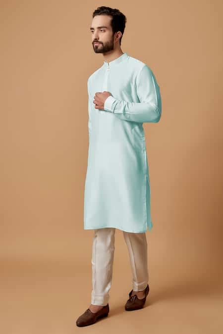 Buy Blue Cotton Silk Plain Rishi Straight Kurta Set For Men by BUBBER ...