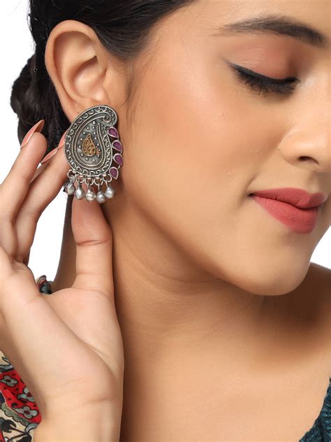 Dual Tone Leaf Design Stud Earrings for Girls and Women