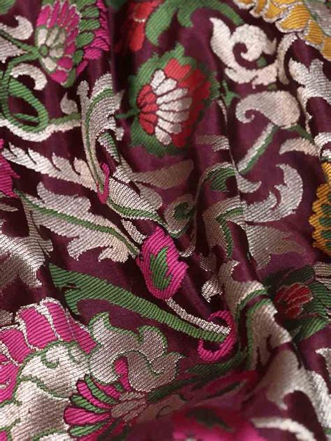 Purple Banarasi Kimkhwab Silk Meenakari Fabric - Luxurionworld