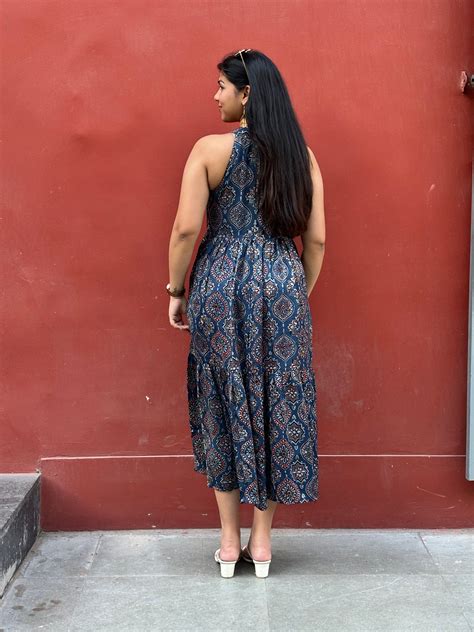 Naila Ajrakh Hand Block Print Modal Silk Halter Neck Dress