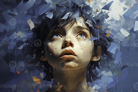 A child transforming trauma into art isolated on a blue gradient ...