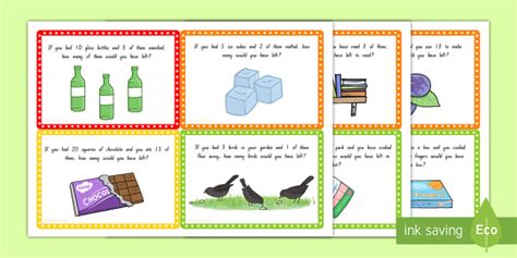 Subtraction Word Problem Challenge Cards (teacher made)