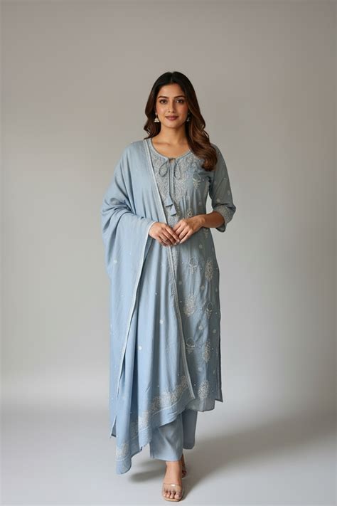 Pure Cotton Grey Semistitched Set With Swarovski Chikankari Work ...