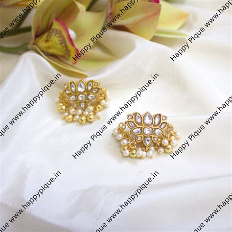 Jadau Kundan Lotus Stud Earrings - White