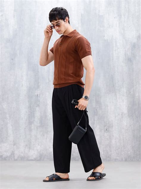 Classic Flat Knit Textured Polo T-Shirt For Men | Brown – Wrogn