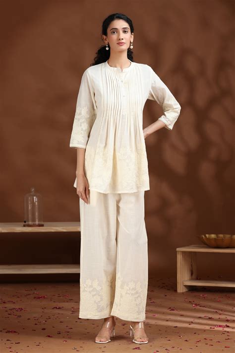 Off White Floral Embroidered A-Line Cotton Co-ord Set – Cotton Culture