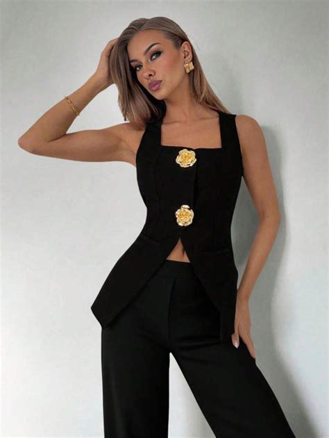 Uhlyne Women's Simple Solid Color Sleeveless Metal Button Front Vest ...