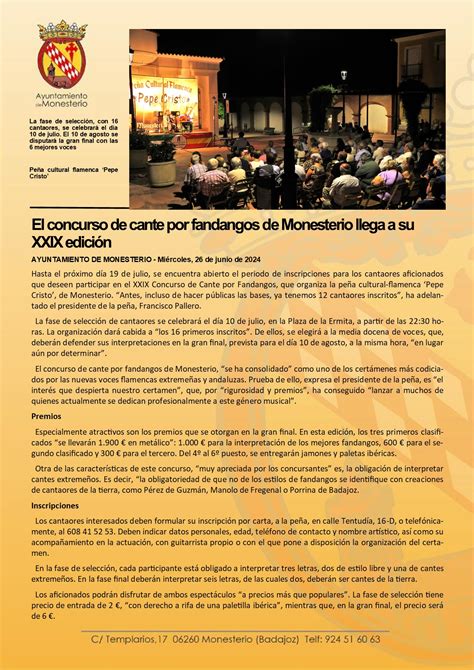 El concurso de cante por fandangos de Monesterio llega a su XXIX edición