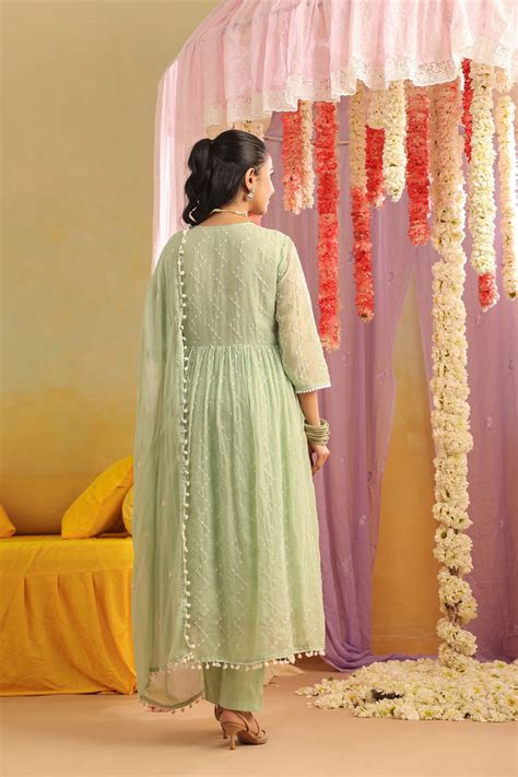 Shop Pistagreen Mulmul Sequin Embroidered Angrakha Suit Set | Scakhi ...
