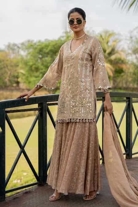 Buy Rose Gold Tissue, Jacquard Mirrors, Embroidery V-neck Kurta Gharara ...