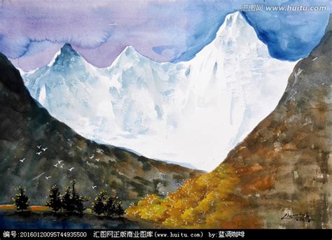 雪山 水彩画 艺术素材,美术绘画,其他设计,设计,汇图网www.huitu.com