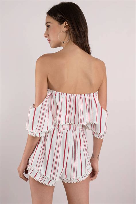 Red Shorts - Ruffled Shorts - Red Striped Shorts - Pom Trimmed Shorts