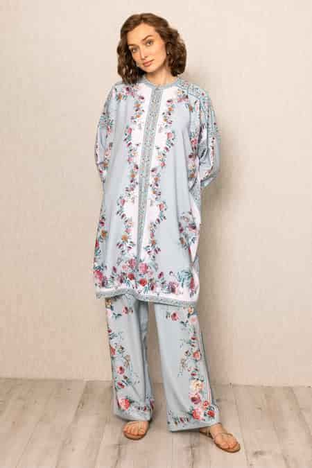 Buy Sky Blue Embroidery Round Neck Floral Print Tunic For Women by ...