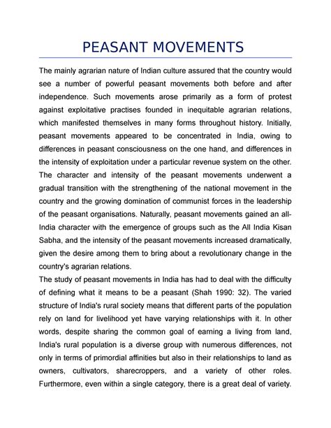 Brief NOTE ON Peasant Movements - PEASANT MOVEMENTS The mainly agrarian ...