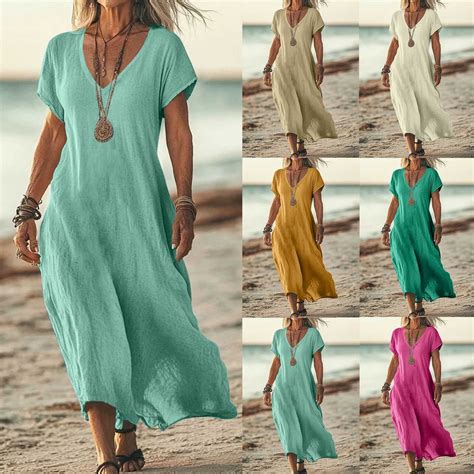 Sentmoon Long Summer Dresses for Women 2025 V Neck Linen Casual Dresses ...