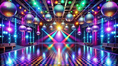 Symmetrical disco club stage with colorful lights and mirror balls ...