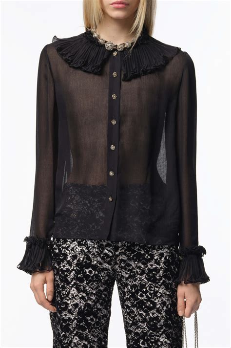 Long-sleeved blouse - Silk muslin, black — Fashion | CHANEL