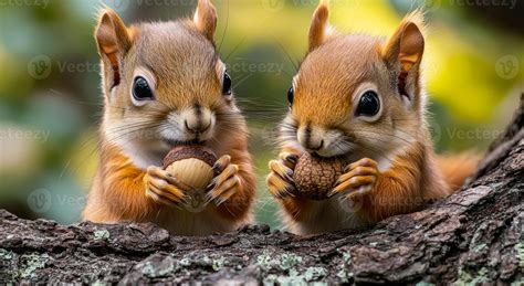 Two baby squirrels are eating acorns from a tree branch. The scene is ...