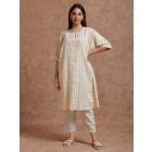 Ivory Embroidered Cotton Dobby Kurta with Slip