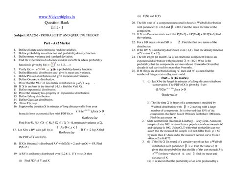 Anna University - PROBABILITY AND QUEUING THEORY Question Bank - 2012 ...