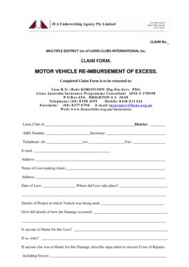 Fillable Online Motor Vehicle Excess Reimbursement Claim Form - Lions ...