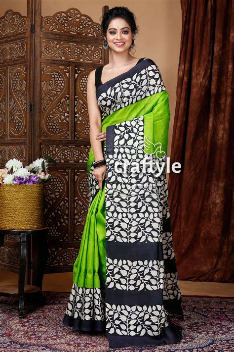 Lime Green Floral Design Hand Block Pure Mulberry Silk Saree – Craftyle