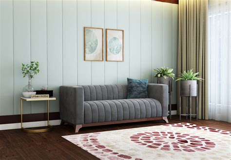 Buy Lotus 3 Seater Sofa (Velvet, Stone Grey) Online India : Urbanwood