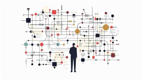 Business flowchart and man working with algorithm in office environment ...