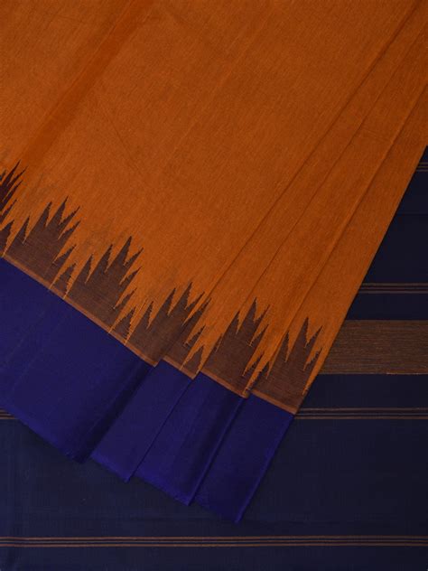 Orange and Blue Khadi Cotton Handloom Saree with Big Temple Border Des ...