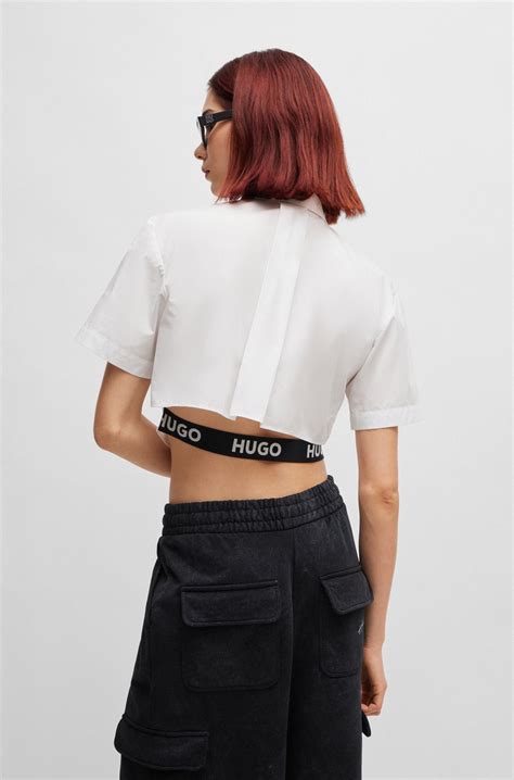 HUGO - Cropped regular-fit blouse with rear logo elastic - White