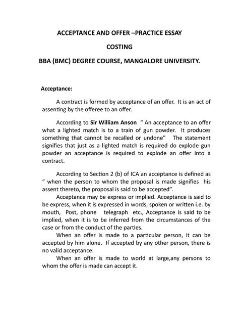 Acceptance AND Offer - ACCEPTANCE AND OFFER –PRACTICE ESSAY COSTING BBA ...