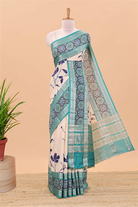 Sandal floral print chanderi cotton saree with contrast zari design bo ...