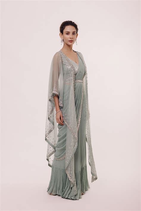Aqua Drape Saree With Cape