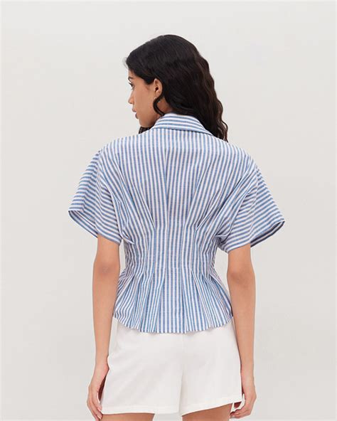 Pleated Cinched Waist Striped Top in Blue – Oyela