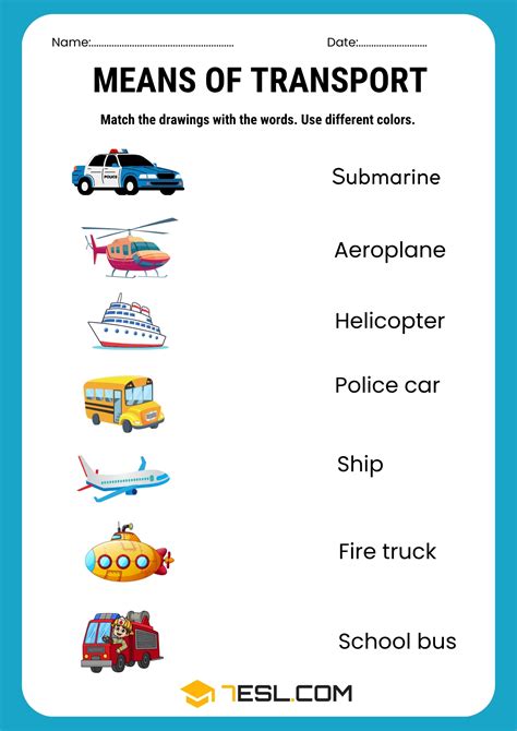 Free Printable Means of Transport Worksheets (PDF) for Kids • 7ESL