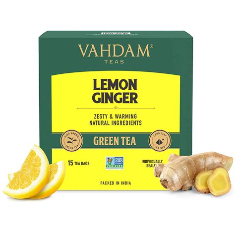 VAHDAM, Lemon Ginger Green Tea Bags (15 Count) Med Caffeine, Non-GMO ...